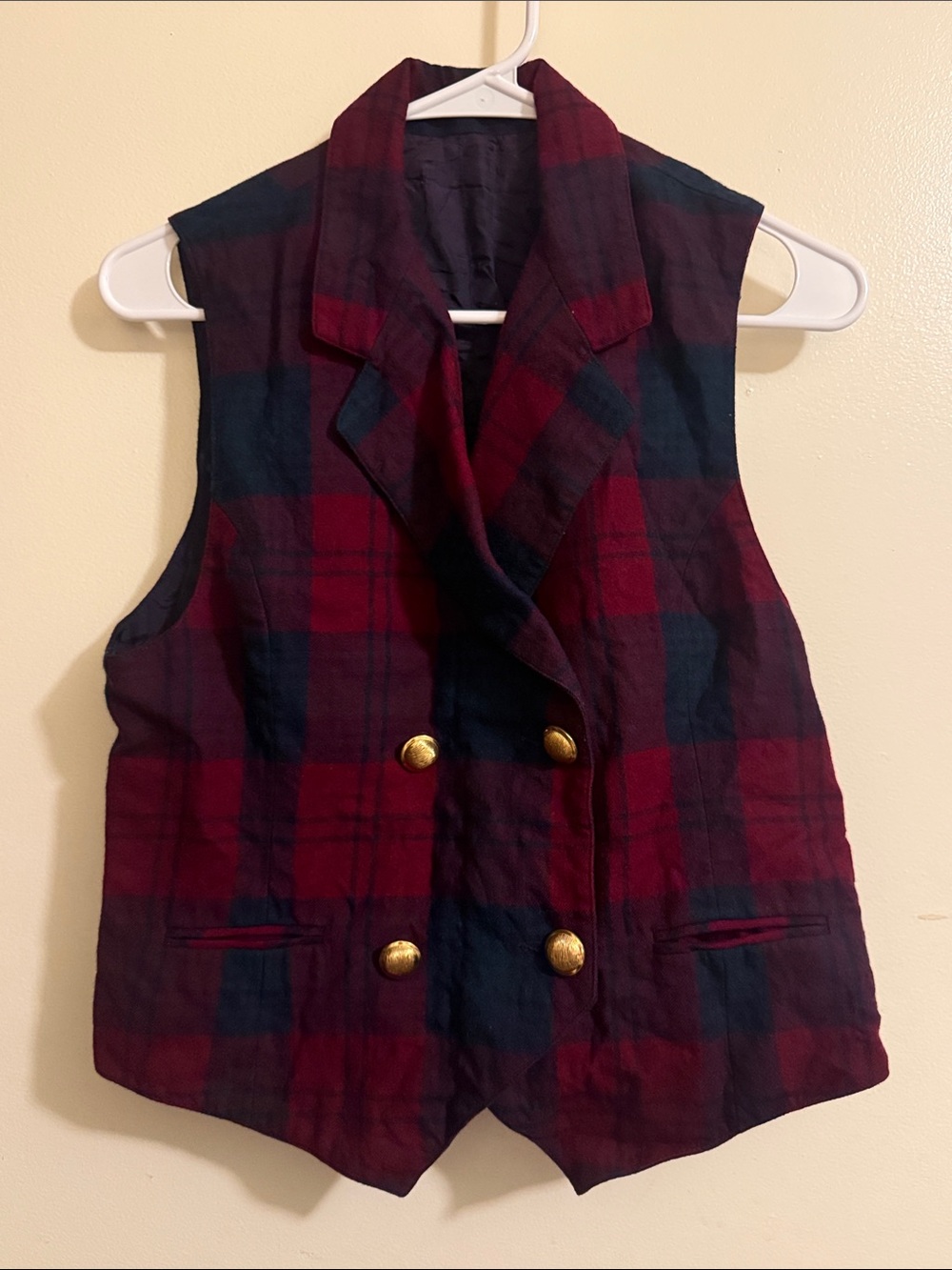 Women's Double-Breasted Plaid Vest in Burgundy and Navy